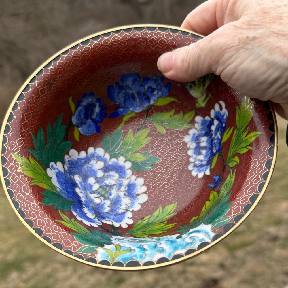 Floral Cloisonné Vintage Enamel Bowl with Blue and Green Floral - Picture 5 of 6